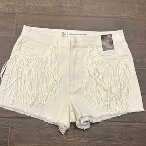 No Boundaries Cream Fringe Jean Shorts